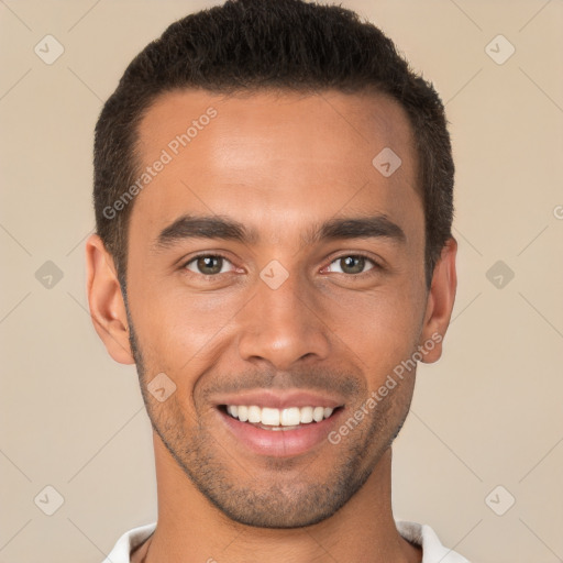 Joyful white young-adult male with short  brown hair and brown eyes