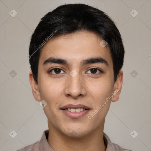 Joyful white young-adult male with short  black hair and brown eyes