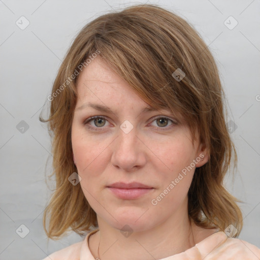 Joyful white young-adult female with medium  brown hair and blue eyes