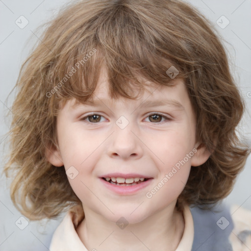 Joyful white child female with medium  brown hair and grey eyes