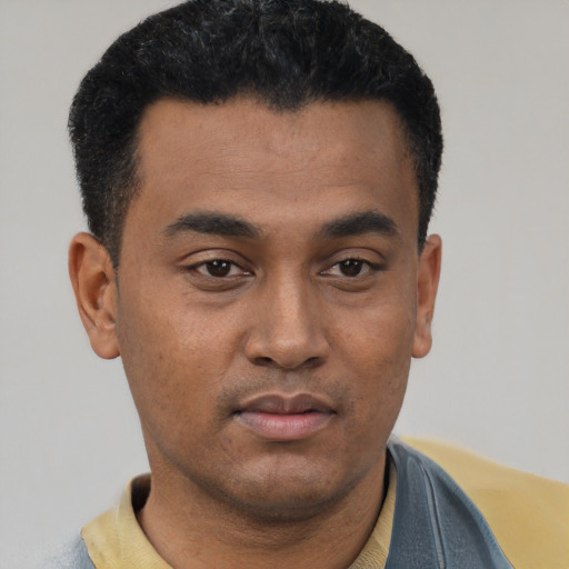 Neutral latino young-adult male with short  black hair and brown eyes