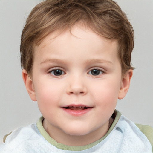 Joyful white child female with short  brown hair and brown eyes