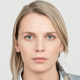 Neutral white young-adult female with medium  brown hair and blue eyes