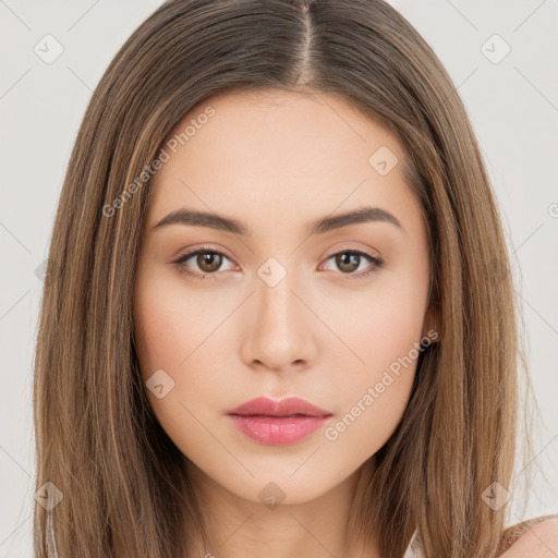 Neutral white young-adult female with long  brown hair and brown eyes