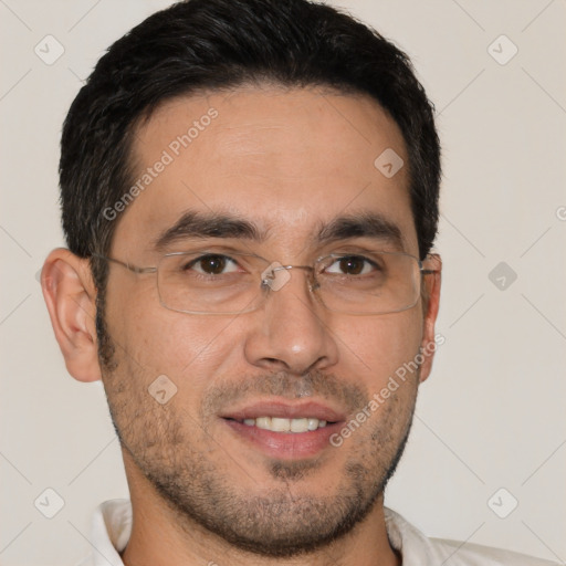 Joyful white adult male with short  brown hair and brown eyes