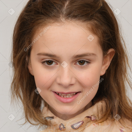 Joyful white child female with medium  brown hair and brown eyes