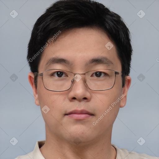 Neutral asian young-adult male with short  brown hair and brown eyes