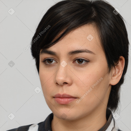 Neutral white young-adult female with medium  brown hair and brown eyes