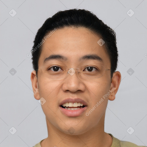 Joyful latino young-adult male with short  black hair and brown eyes