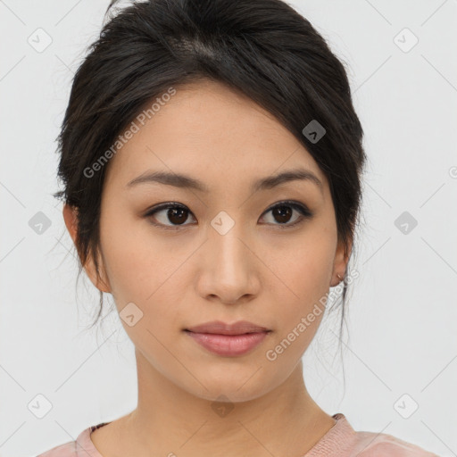 Neutral asian young-adult female with medium  brown hair and brown eyes