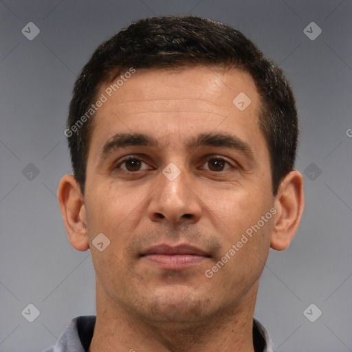 Neutral white adult male with short  brown hair and brown eyes