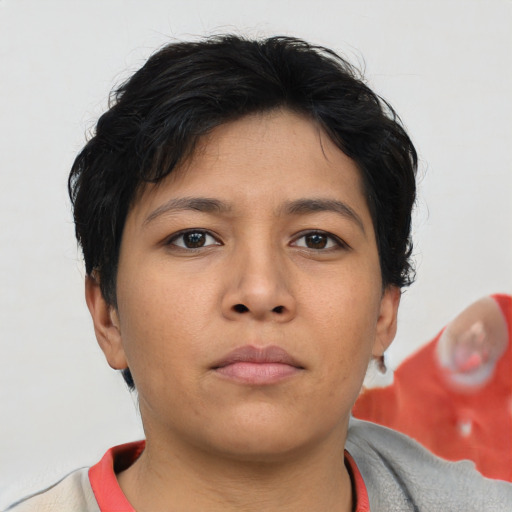 Neutral asian young-adult female with short  brown hair and brown eyes