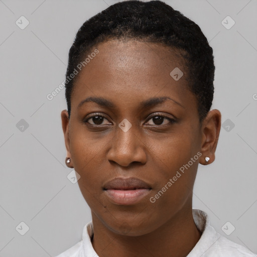 Neutral black young-adult female with short  black hair and brown eyes