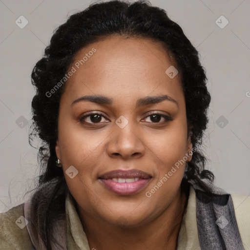 Joyful black young-adult female with long  brown hair and brown eyes