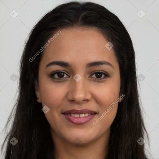 Joyful latino young-adult female with long  brown hair and brown eyes