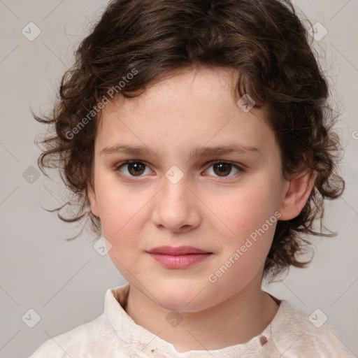 Joyful white child female with medium  brown hair and brown eyes