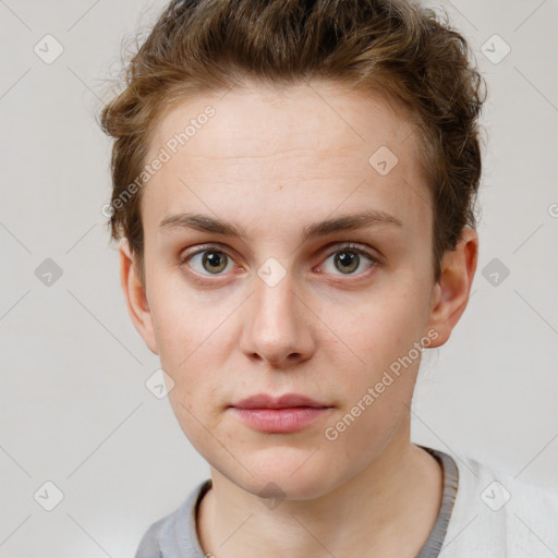 Neutral white young-adult female with short  brown hair and grey eyes