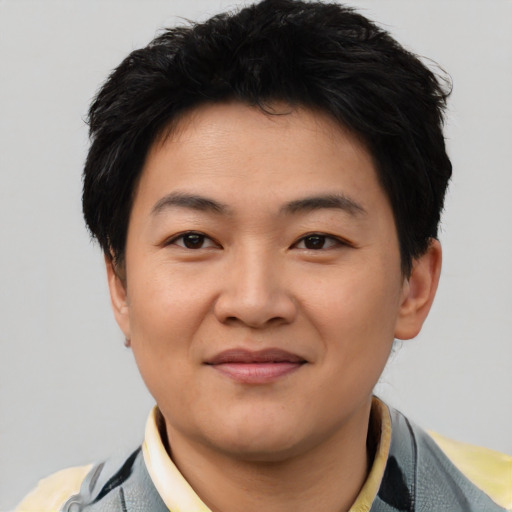 Joyful asian young-adult male with short  black hair and brown eyes