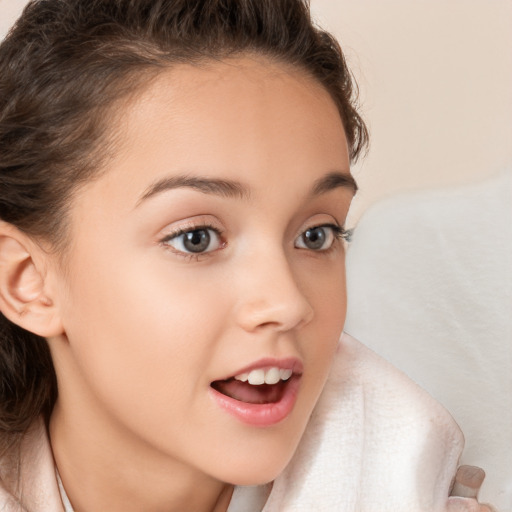 Joyful white child female with medium  brown hair and brown eyes