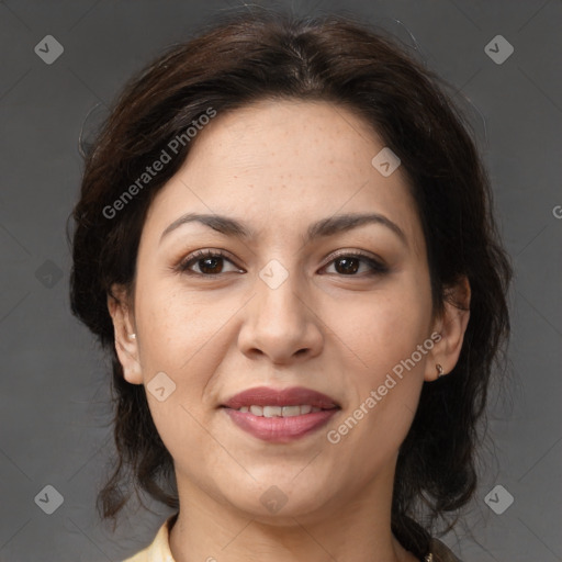 Joyful latino young-adult female with medium  brown hair and brown eyes