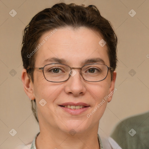 Joyful white adult female with short  brown hair and grey eyes