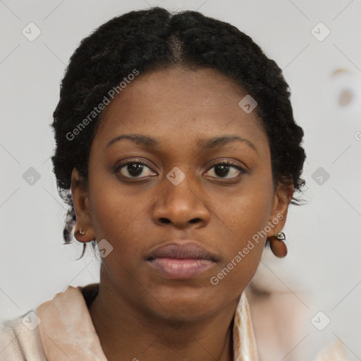 Neutral black young-adult female with short  brown hair and brown eyes