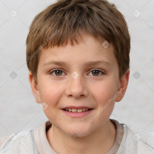 Joyful white child male with short  brown hair and brown eyes