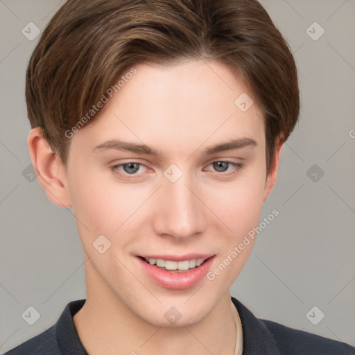 Joyful white young-adult female with short  brown hair and grey eyes