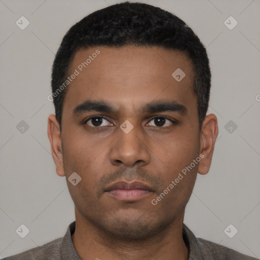 Neutral latino young-adult male with short  black hair and brown eyes