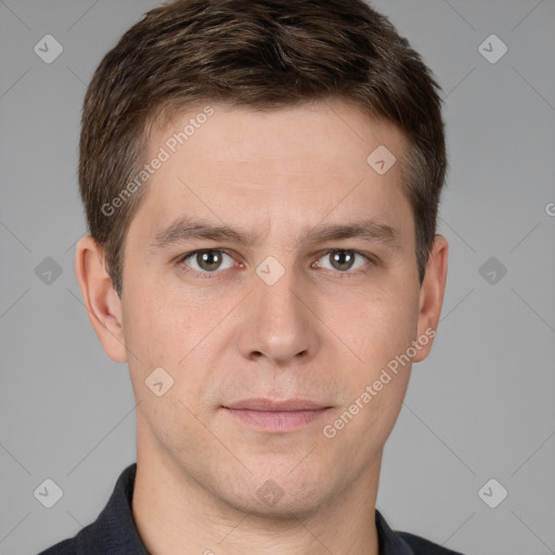 Neutral white young-adult male with short  brown hair and grey eyes