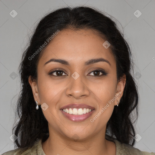 Joyful latino young-adult female with long  brown hair and brown eyes