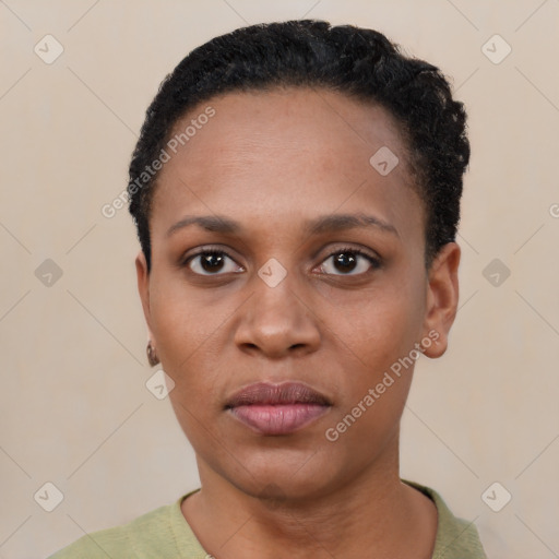 Neutral black young-adult female with short  black hair and brown eyes