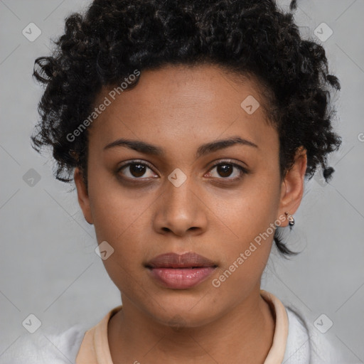 Neutral latino young-adult female with short  brown hair and brown eyes