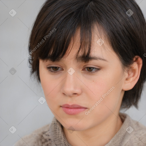 Neutral white young-adult female with medium  brown hair and brown eyes