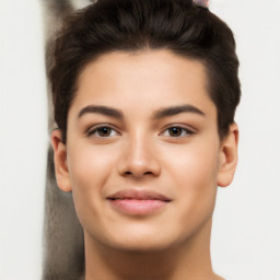 Neutral latino young-adult female with short  brown hair and brown eyes