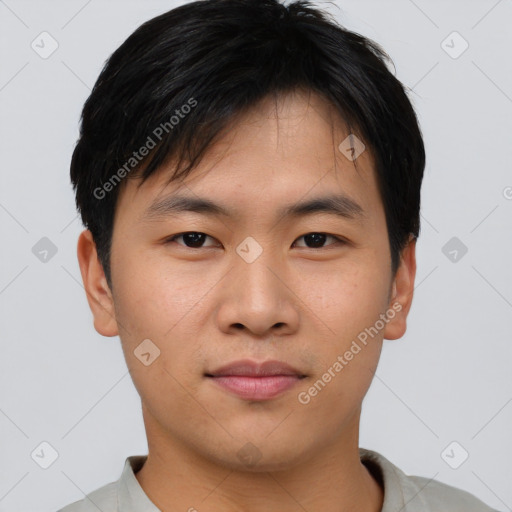 Neutral asian young-adult male with short  brown hair and brown eyes