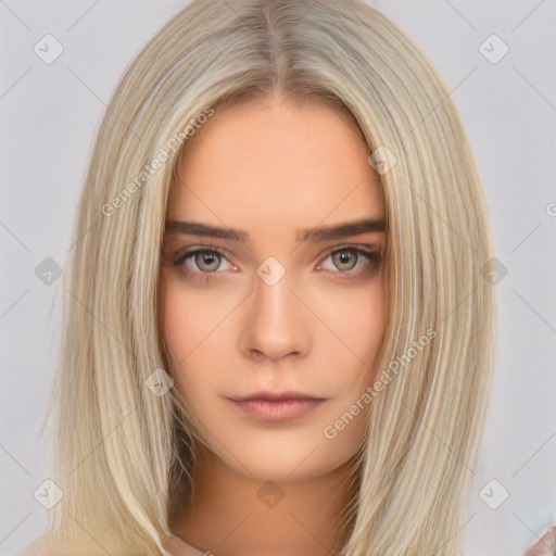 Neutral white young-adult female with long  brown hair and brown eyes