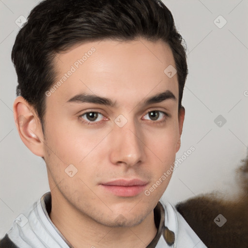 Neutral white young-adult male with short  brown hair and brown eyes