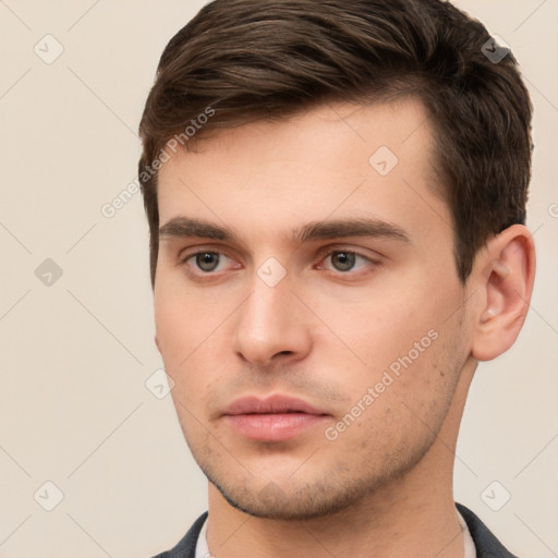 Neutral white young-adult male with short  brown hair and brown eyes