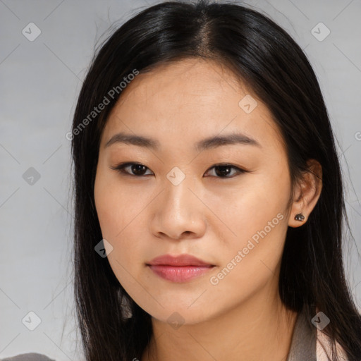 Neutral asian young-adult female with long  black hair and brown eyes