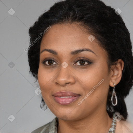 Joyful latino young-adult female with medium  black hair and brown eyes