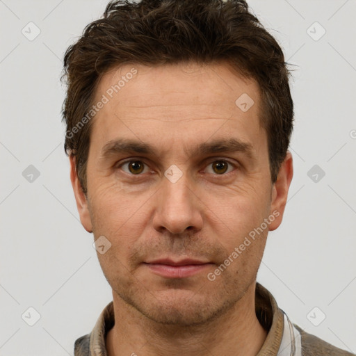 Neutral white adult male with short  brown hair and brown eyes