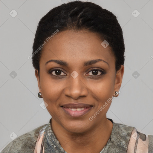 Joyful latino young-adult female with short  black hair and brown eyes