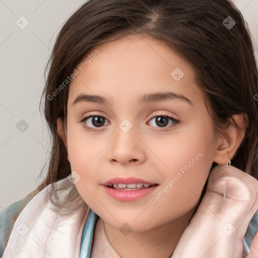 Joyful white child female with medium  brown hair and brown eyes