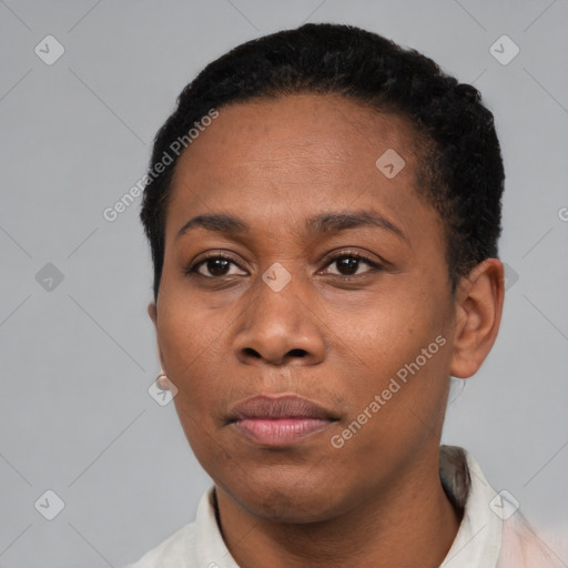 Neutral black young-adult female with short  black hair and brown eyes