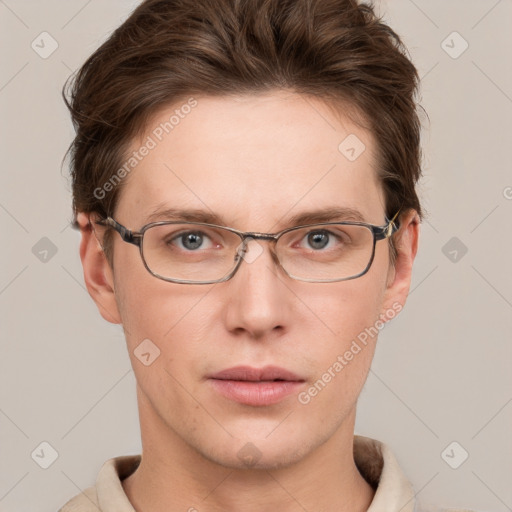 Joyful white adult female with short  brown hair and grey eyes