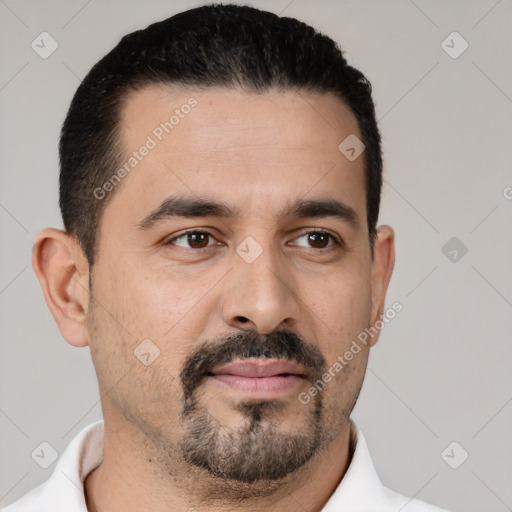 Neutral white adult male with short  black hair and brown eyes