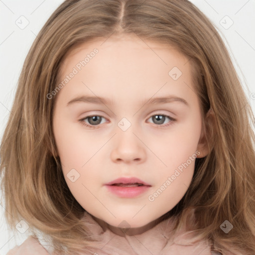 Neutral white child female with long  brown hair and brown eyes