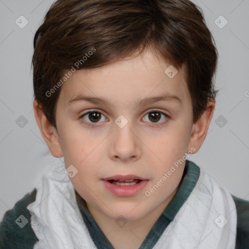 Joyful white child female with short  brown hair and brown eyes