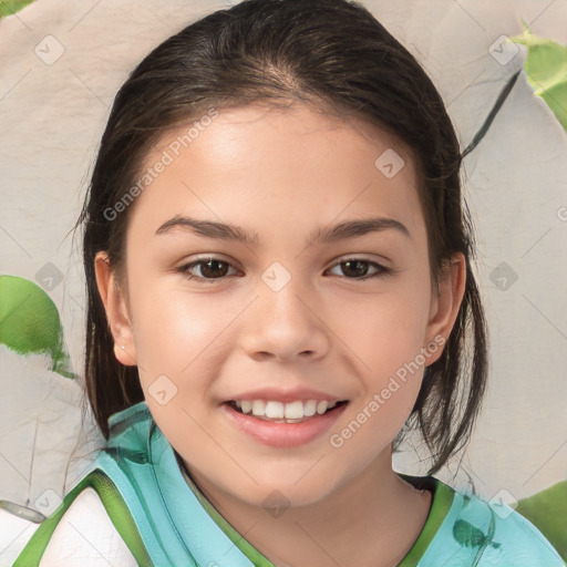 Joyful white child female with medium  brown hair and brown eyes